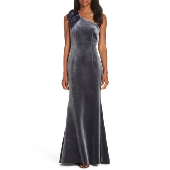 NWT ELIZA J Velvet One Shoulder Bow Accent Asymmetrical Gown Maxi Dress - Picture 1 of 11